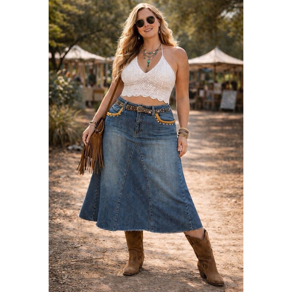 WAH JEANS Denim Midi Skirt Embroidered Studded Size 20 Western Boho Y2K